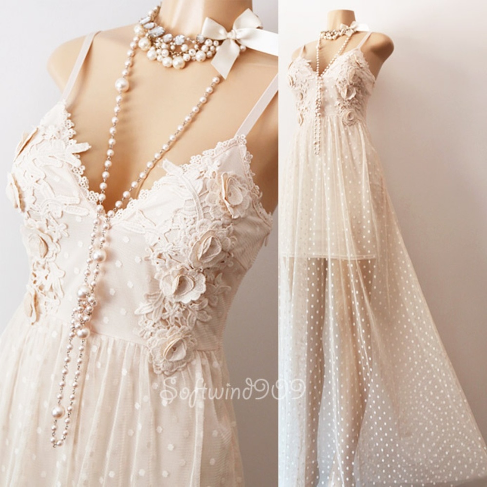 3D Rose Lace Mesh Polka Dots Long Maxi Dress